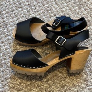 MIA Black Leather Wooden Heel Clog Sandals